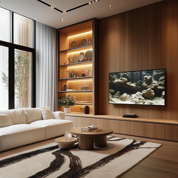 Minimalist living room with a wood look and a designer rug